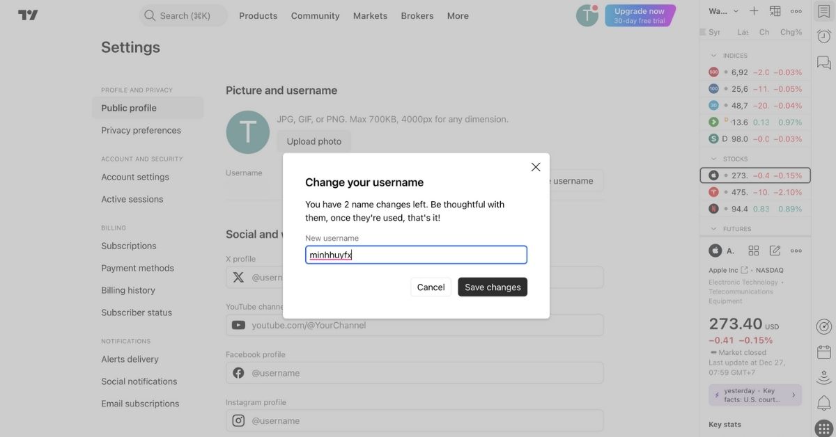 Thiết lập Username trên TradingView